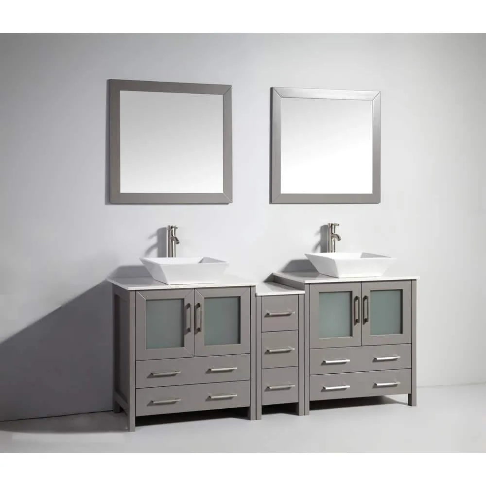 Vanity Art Ravenna 72 in. W Bathroom Vanity in Grey with Double Basin in White Engineered Marble Top and Mirrors, photo 9 of 9
