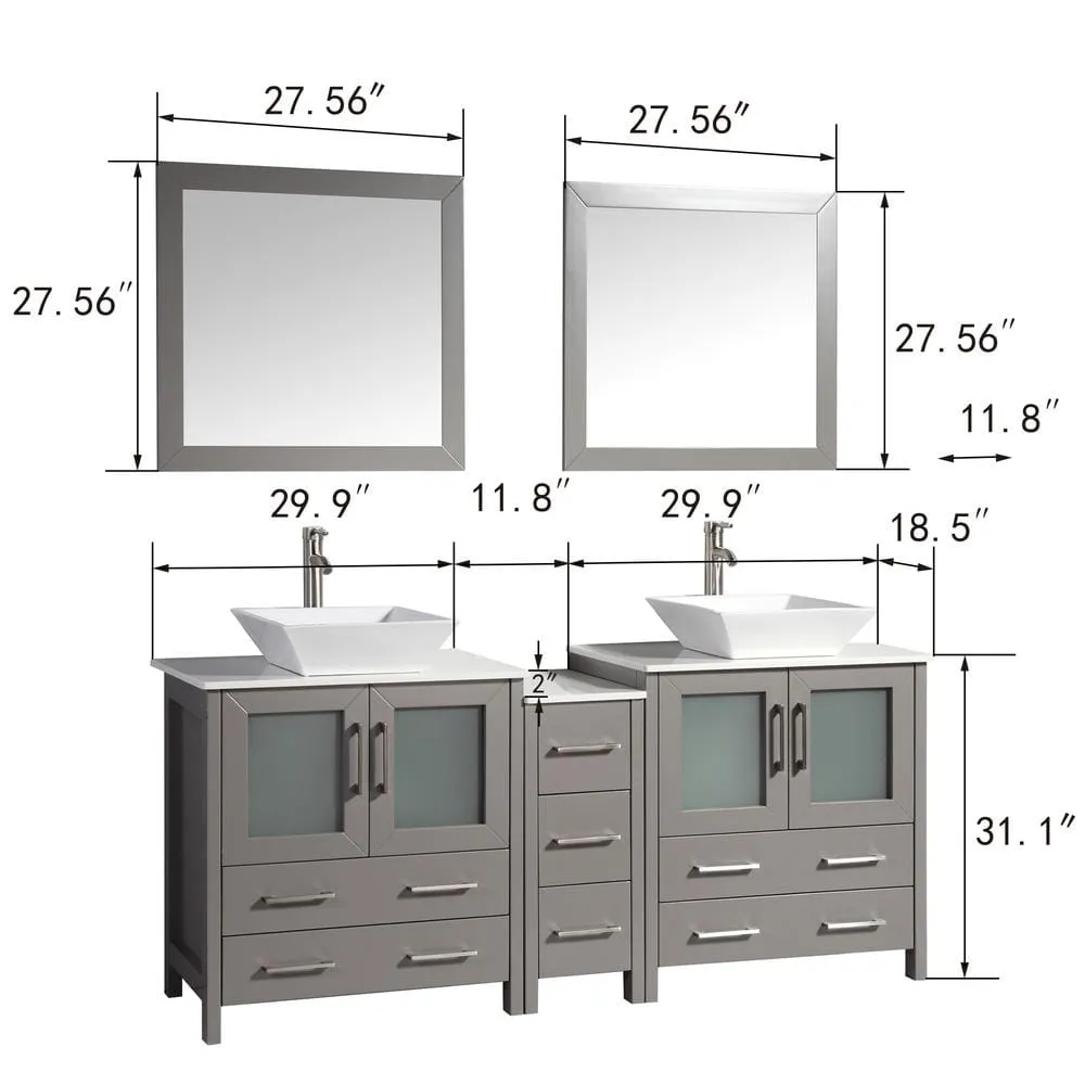 Vanity Art Ravenna 72 in. W Bathroom Vanity in Grey with Double Basin in White Engineered Marble Top and Mirrors, photo 2 of 9