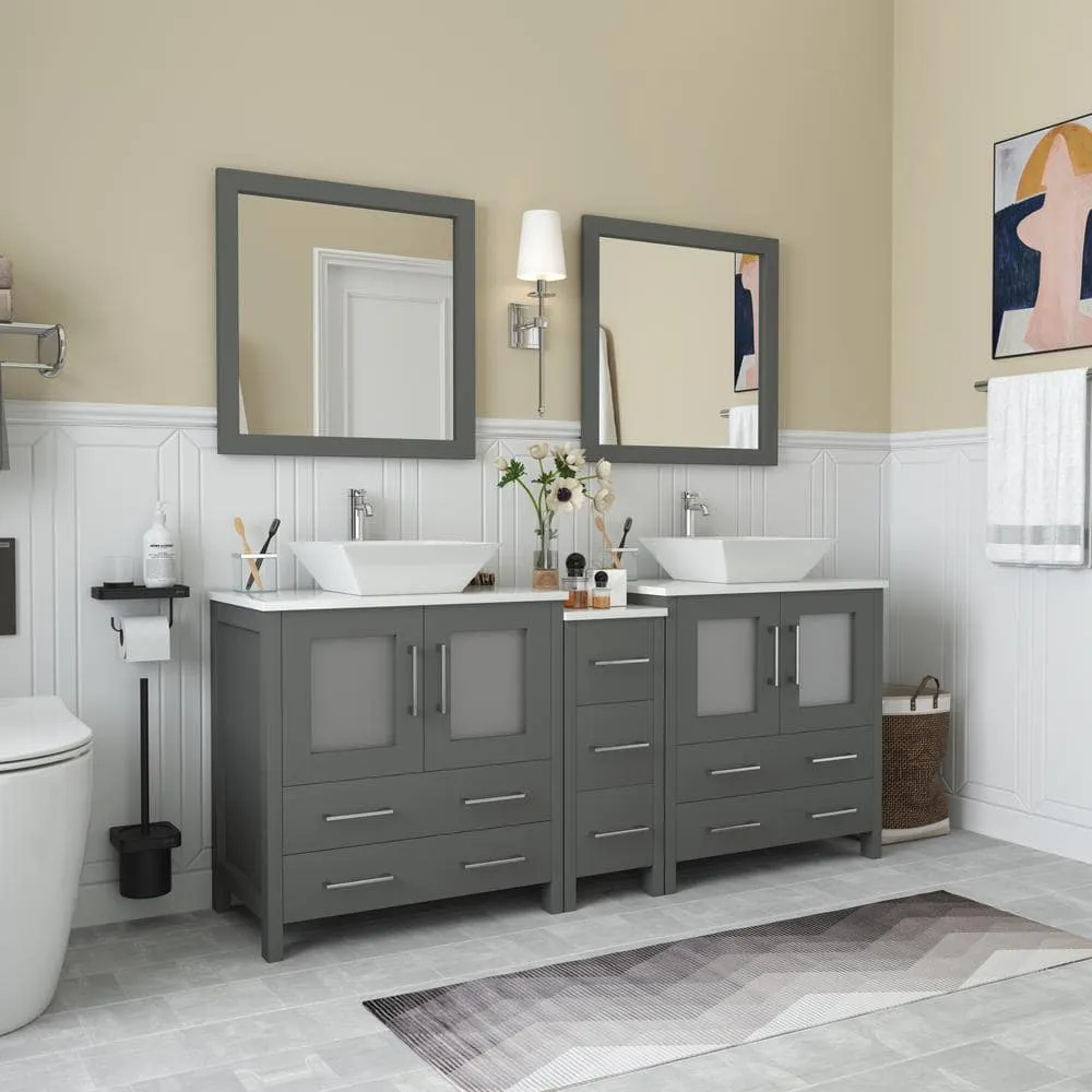 Vanity Art Ravenna 72 in. W Bathroom Vanity in Grey with Double Basin in White Engineered Marble Top and Mirrors, photo 5 of 9