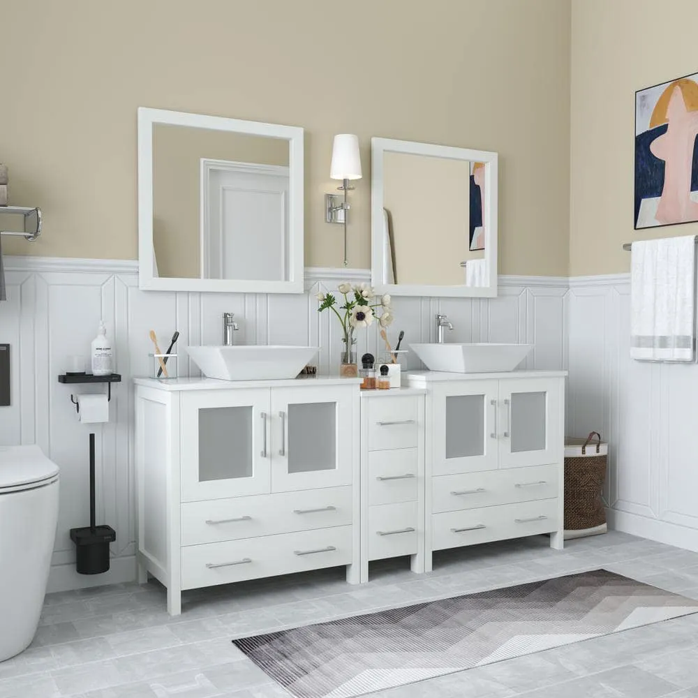 Vanity Art Ravenna 72 in. W Bathroom Vanity in White with Double Basin in White Engineered Marble Top and Mirrors, photo 3 of 7