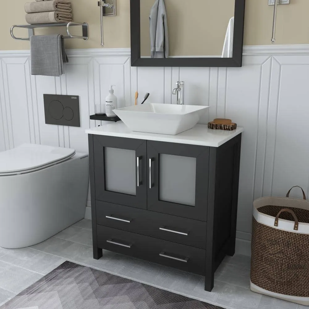 Vanity Art Ravenna 30 in. W Bathroom Vanity in Espresso with Single Basin in White Engineered Marble Top and Mirror, photo 2 of 5
