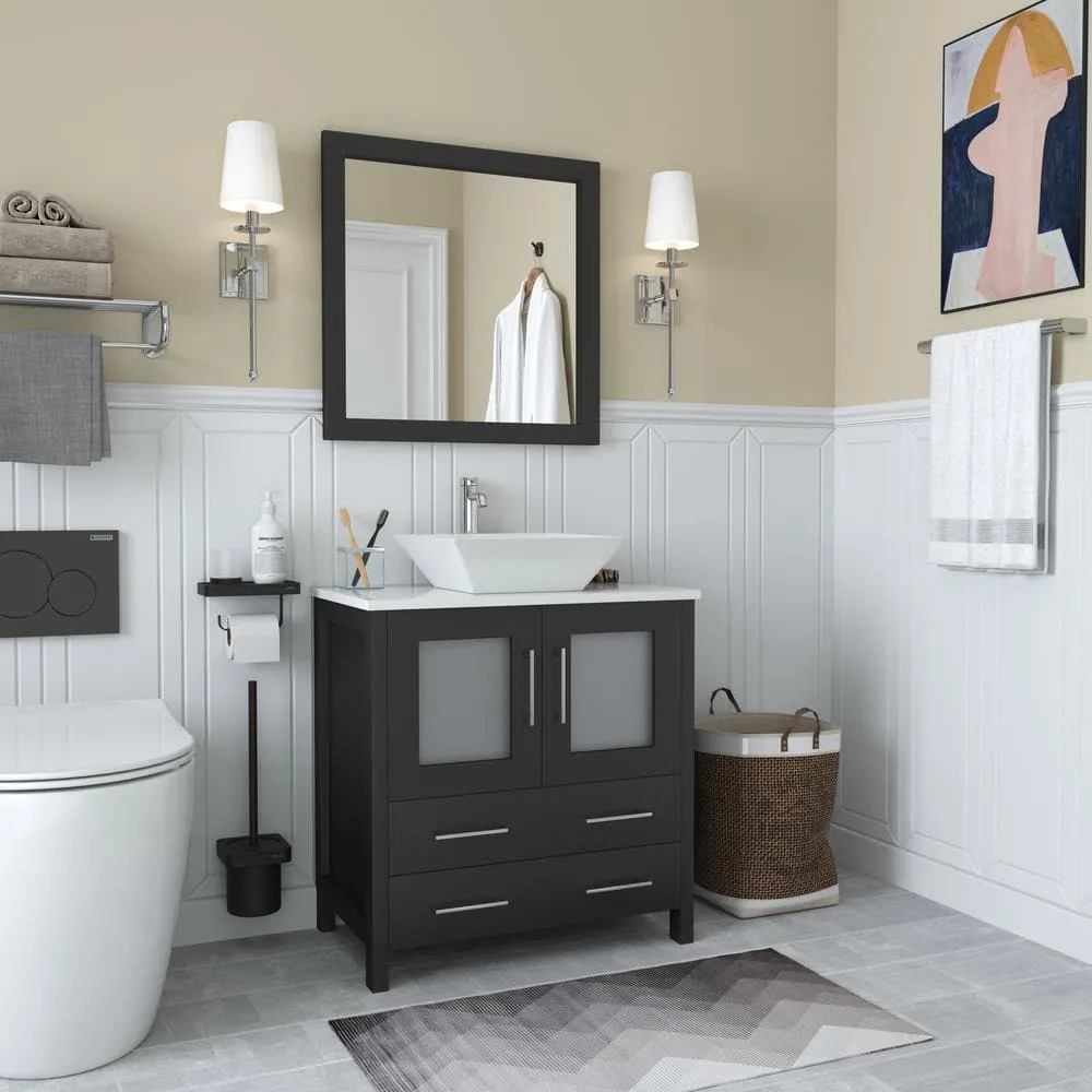 Vanity Art Ravenna 30 in. W Bathroom Vanity in Espresso with Single Basin in White Engineered Marble Top and Mirror, photo 3 of 5