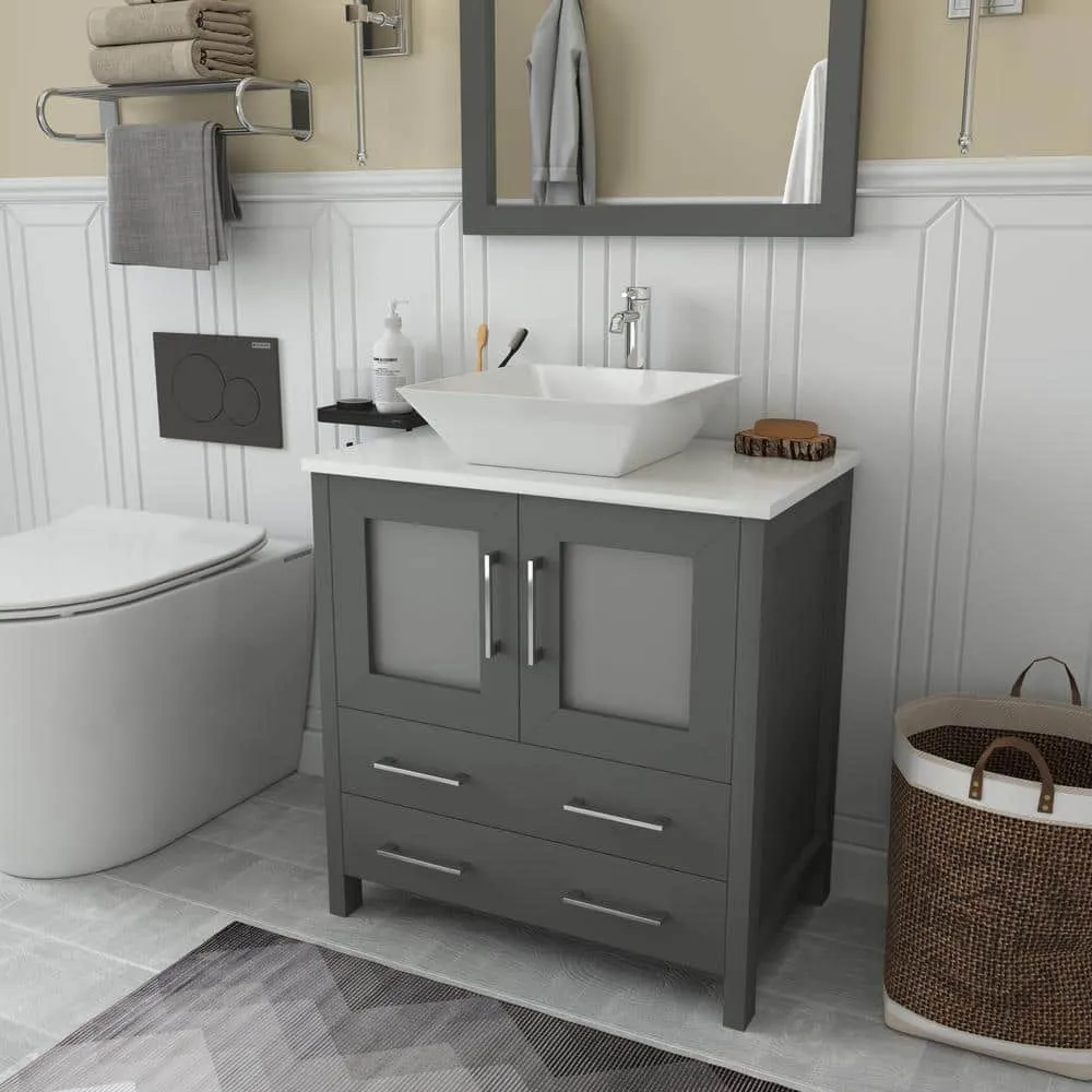 Vanity Art Ravenna 30 in. W Bathroom Vanity in Grey with Single Basin in White Engineered Marble Top and Mirror, photo 3 of 7