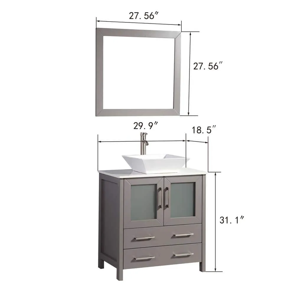 Vanity Art Ravenna 30 in. W Bathroom Vanity in Grey with Single Basin in White Engineered Marble Top and Mirror, photo 2 of 7