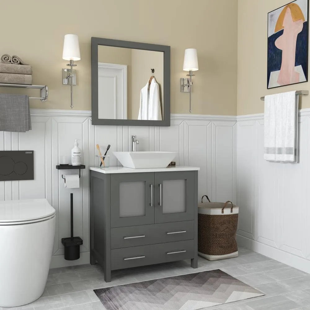Vanity Art Ravenna 30 in. W Bathroom Vanity in Grey with Single Basin in White Engineered Marble Top and Mirror, photo 4 of 7