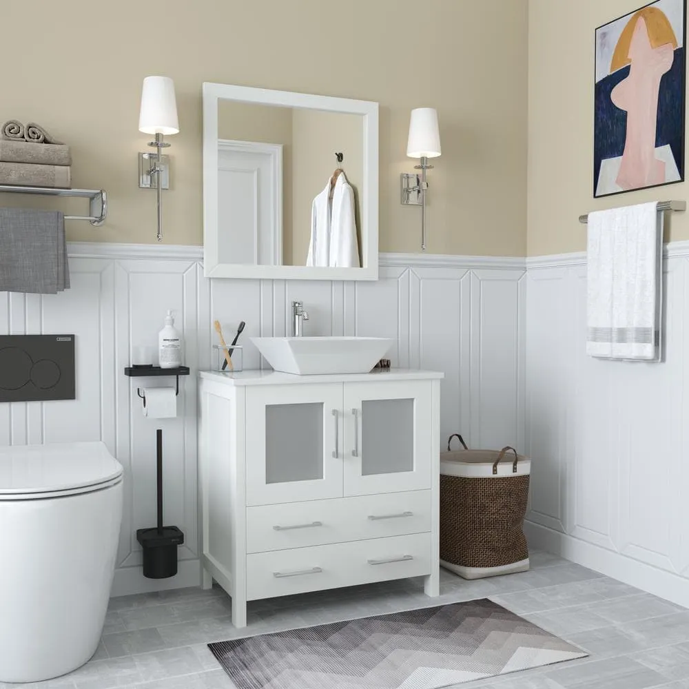Vanity Art Ravenna 30 in. W Bathroom Vanity in White with Single Basin in White Engineered Marble Top and Mirror, photo 3 of 5