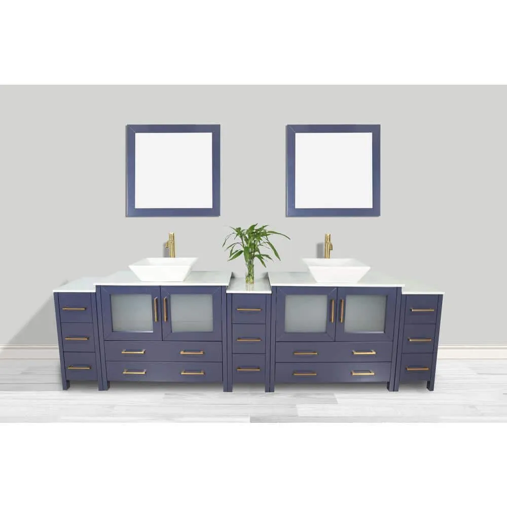 Vanity Art Ravenna 108 in. W Double Basin Bathroom Vanity in Blue with White Engineered Marble Top and Mirror, photo 7 of 7