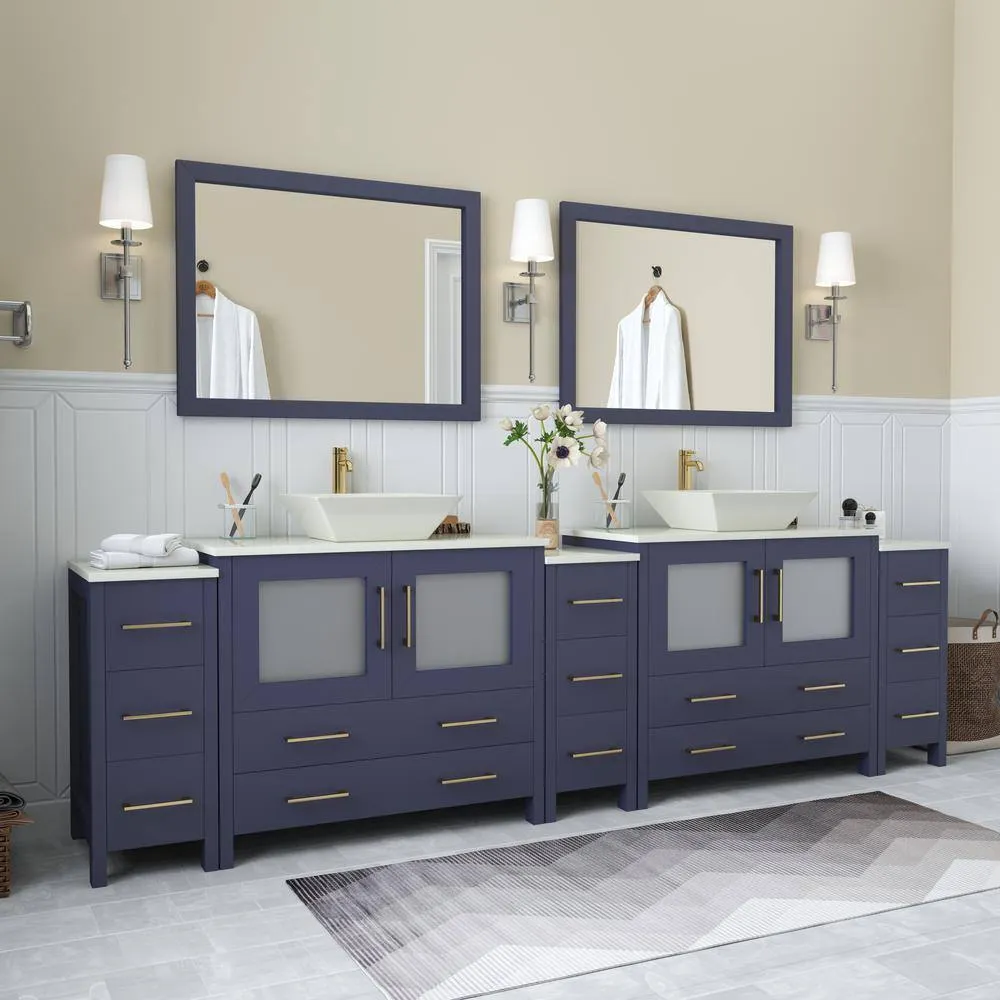 Vanity Art Ravenna 108 in. W Double Basin Bathroom Vanity in Blue with White Engineered Marble Top and Mirror, photo 3 of 7