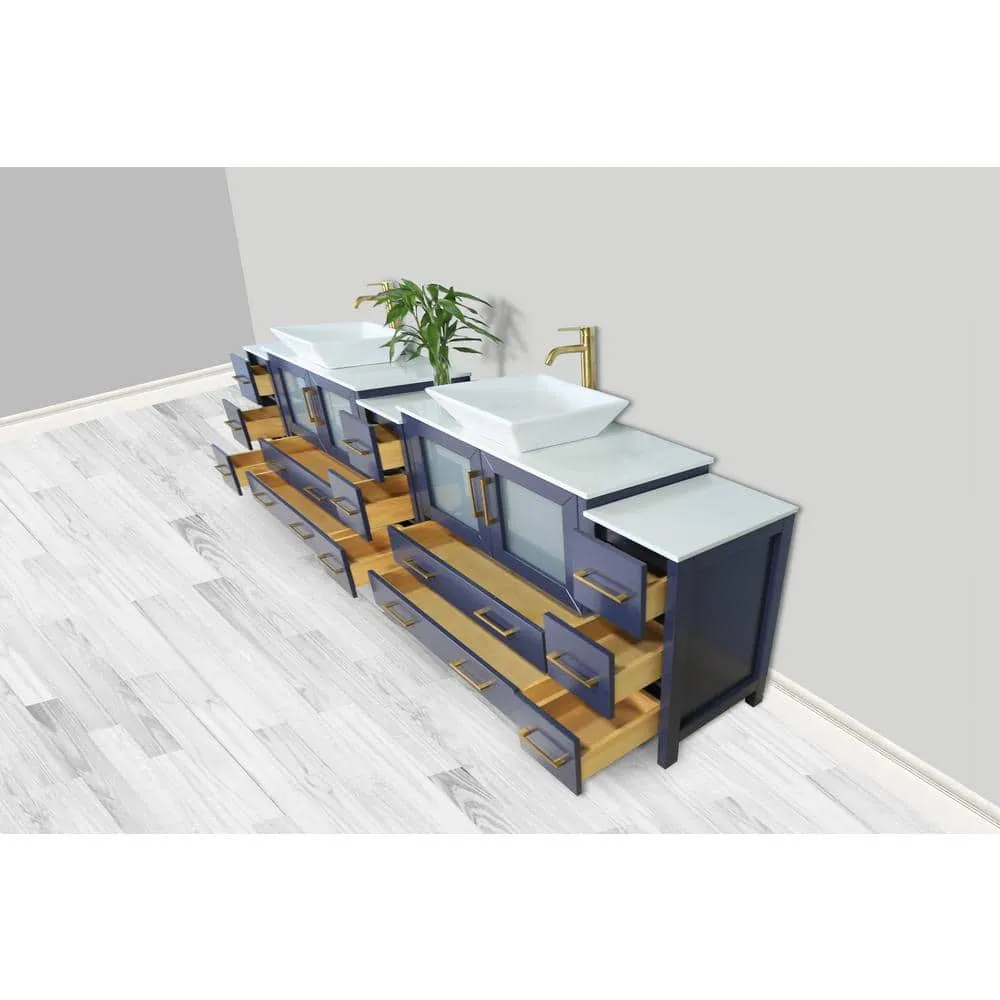 Vanity Art Ravenna 108 in. W Double Basin Bathroom Vanity in Blue with White Engineered Marble Top and Mirror, photo 5 of 7