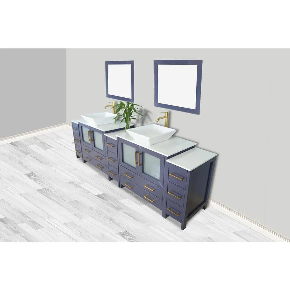 Vanity Art Ravenna 108 in. W Double Basin Bathroom Vanity in Blue with White Engineered Marble Top and Mirror, photo 4 of 7