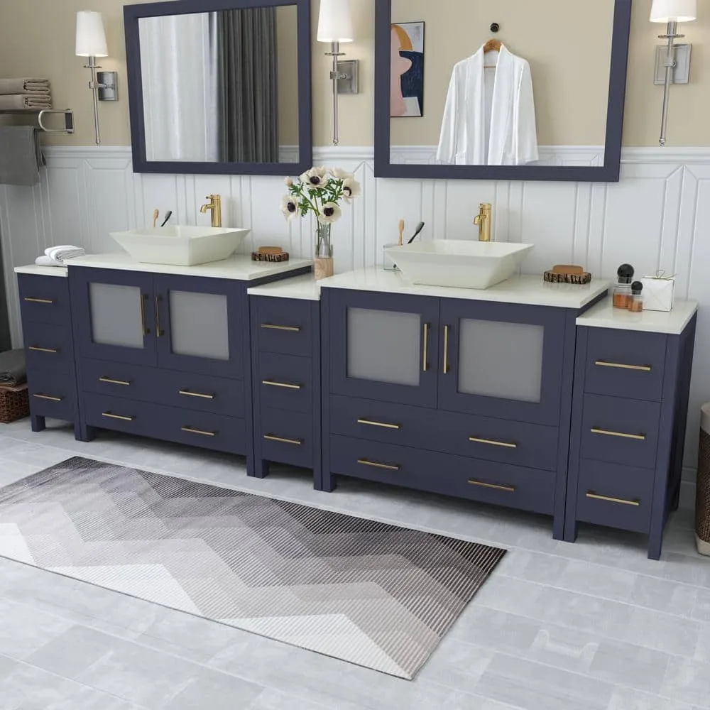 Vanity Art Ravenna 108 in. W Double Basin Bathroom Vanity in Blue with White Engineered Marble Top and Mirror, photo 2 of 7