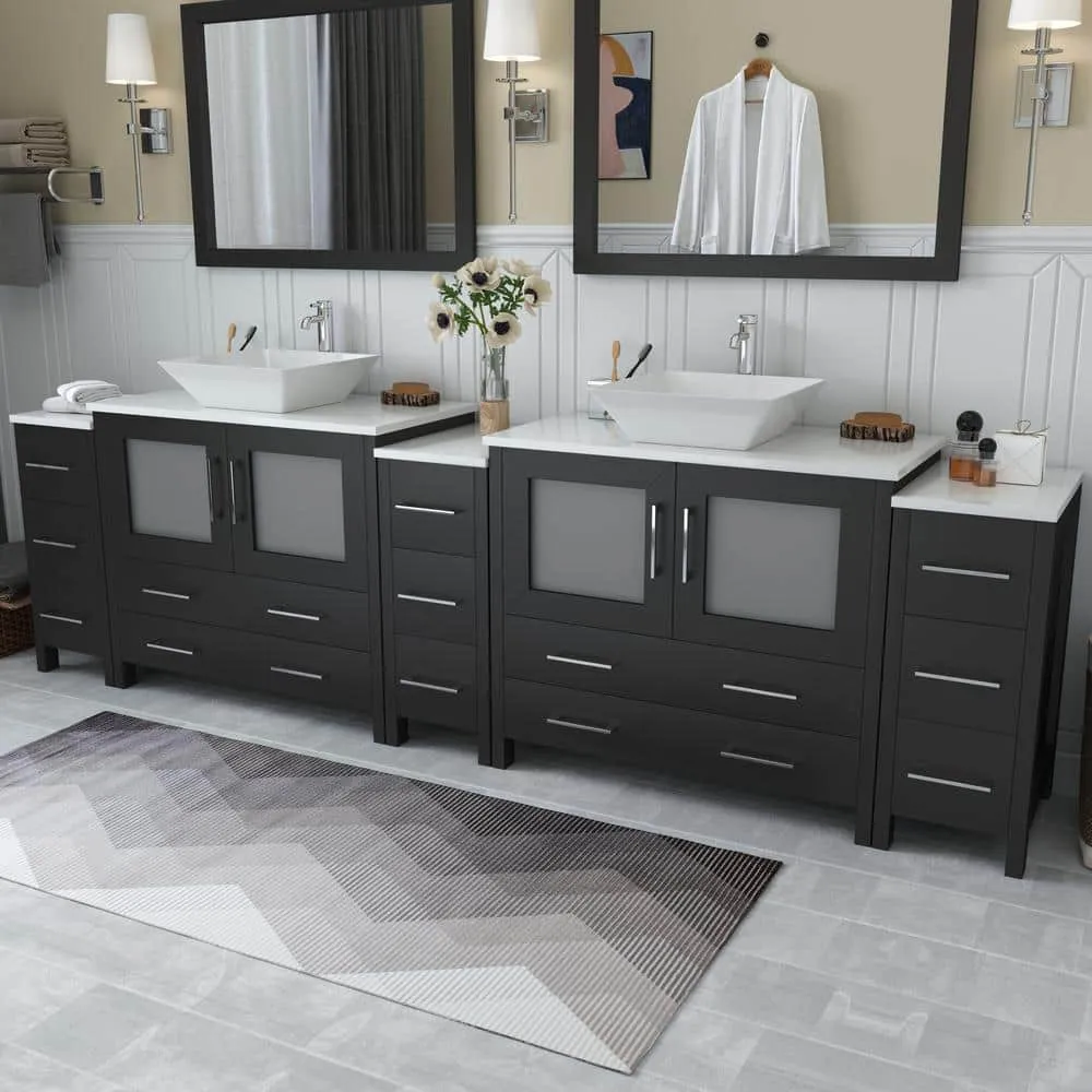 Vanity Art Ravenna 108 in. W Bathroom Vanity in Espresso with Double Basin in White Engineered Marble Top and Mirror, photo 3 of 8