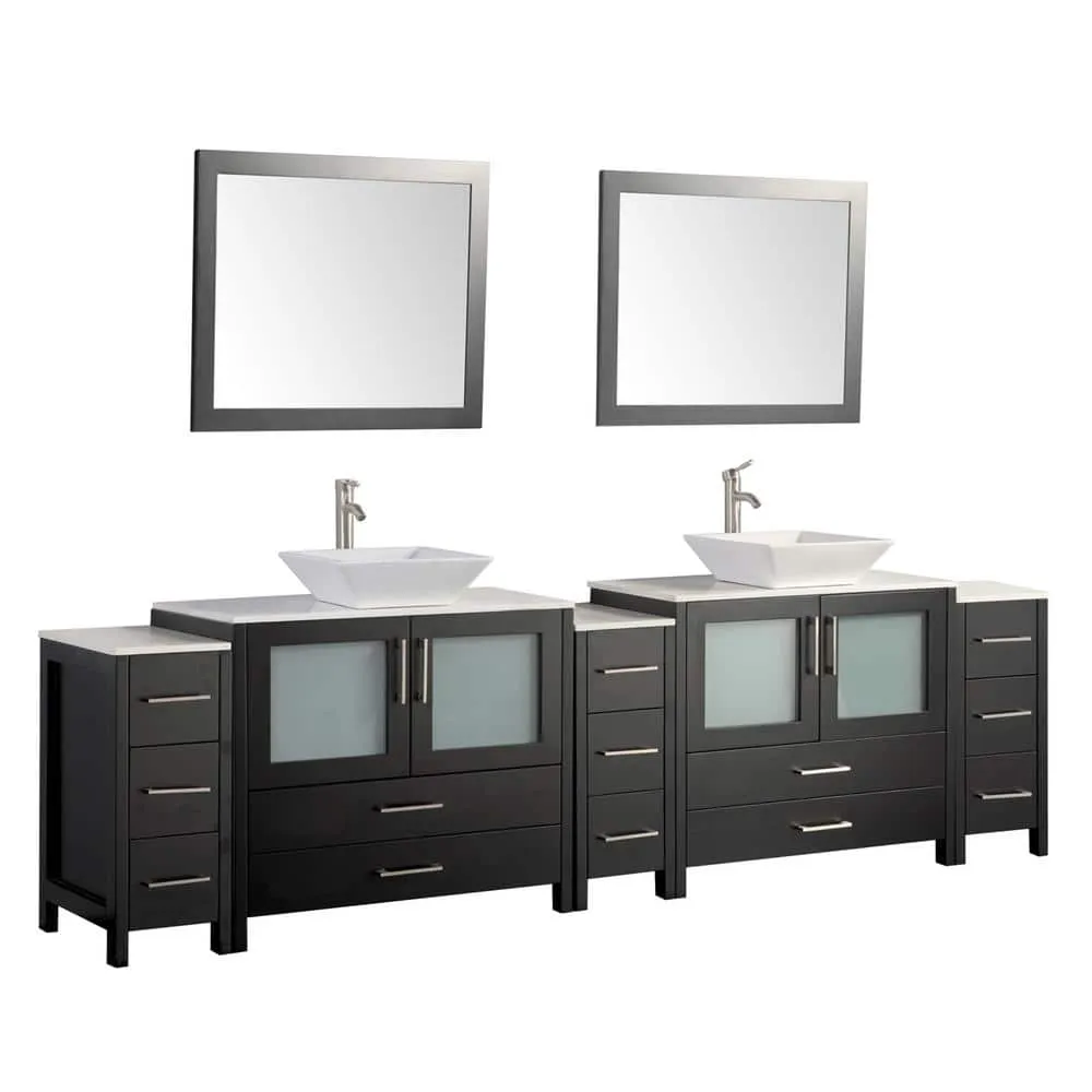 Vanity Art Ravenna 108 in. W Bathroom Vanity in Espresso with Double Basin in White Engineered Marble Top and Mirror, photo 4 of 8