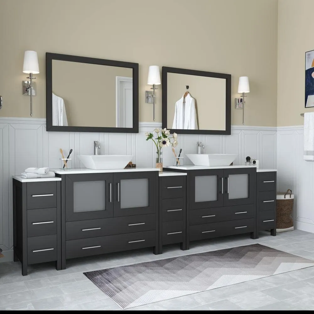 Vanity Art Ravenna 108 in. W Bathroom Vanity in Espresso with Double Basin in White Engineered Marble Top and Mirror, photo 2 of 8