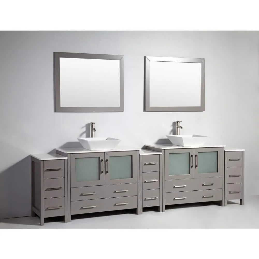 Vanity Art Ravenna 108 in. W Bathroom Vanity in Grey with Double Basin in White Engineered Marble Top and Mirrors, photo 8 of 8