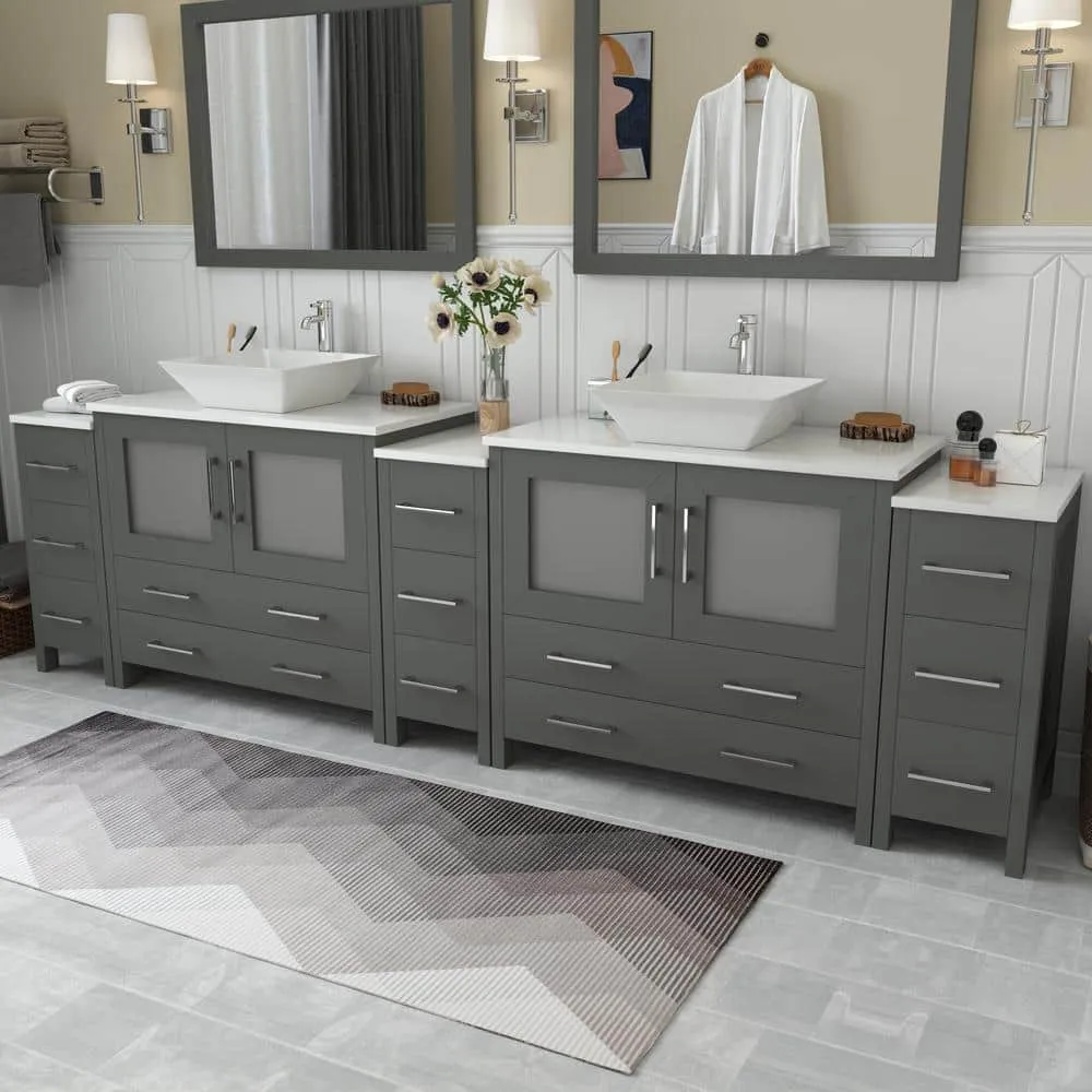 Vanity Art Ravenna 108 in. W Bathroom Vanity in Grey with Double Basin in White Engineered Marble Top and Mirrors, photo 3 of 8