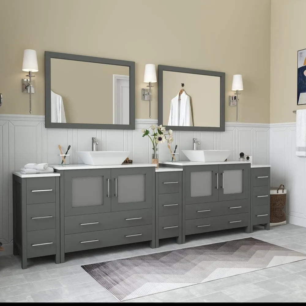 Vanity Art Ravenna 108 in. W Bathroom Vanity in Grey with Double Basin in White Engineered Marble Top and Mirrors, photo 2 of 8