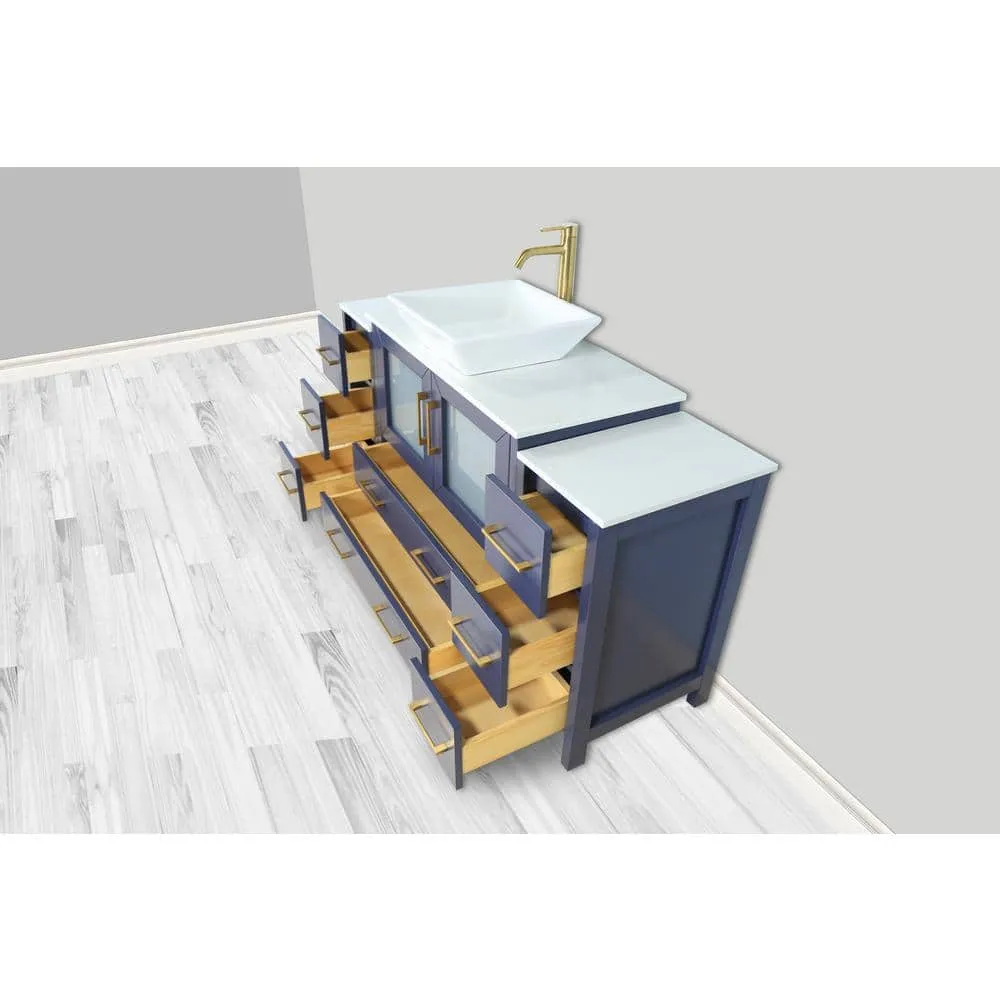 Vanity Art Ravenna 60 in. W Single Basin Bathroom Vanity in Blue with White Engineered Marble Top and Mirror, photo 5 of 6