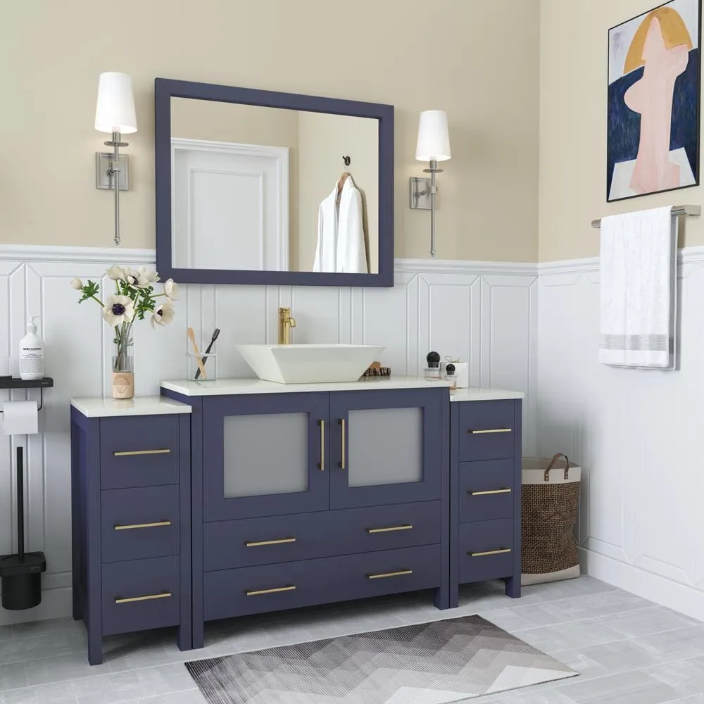 Vanity Art Ravenna 60 in. W Single Basin Bathroom Vanity in Blue with White Engineered Marble Top and Mirror, photo 3 of 6