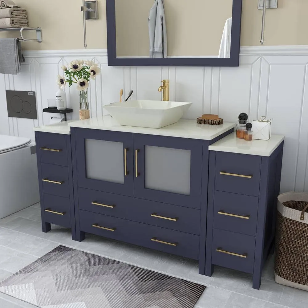 Vanity Art Ravenna 60 in. W Single Basin Bathroom Vanity in Blue with White Engineered Marble Top and Mirror, photo 2 of 6