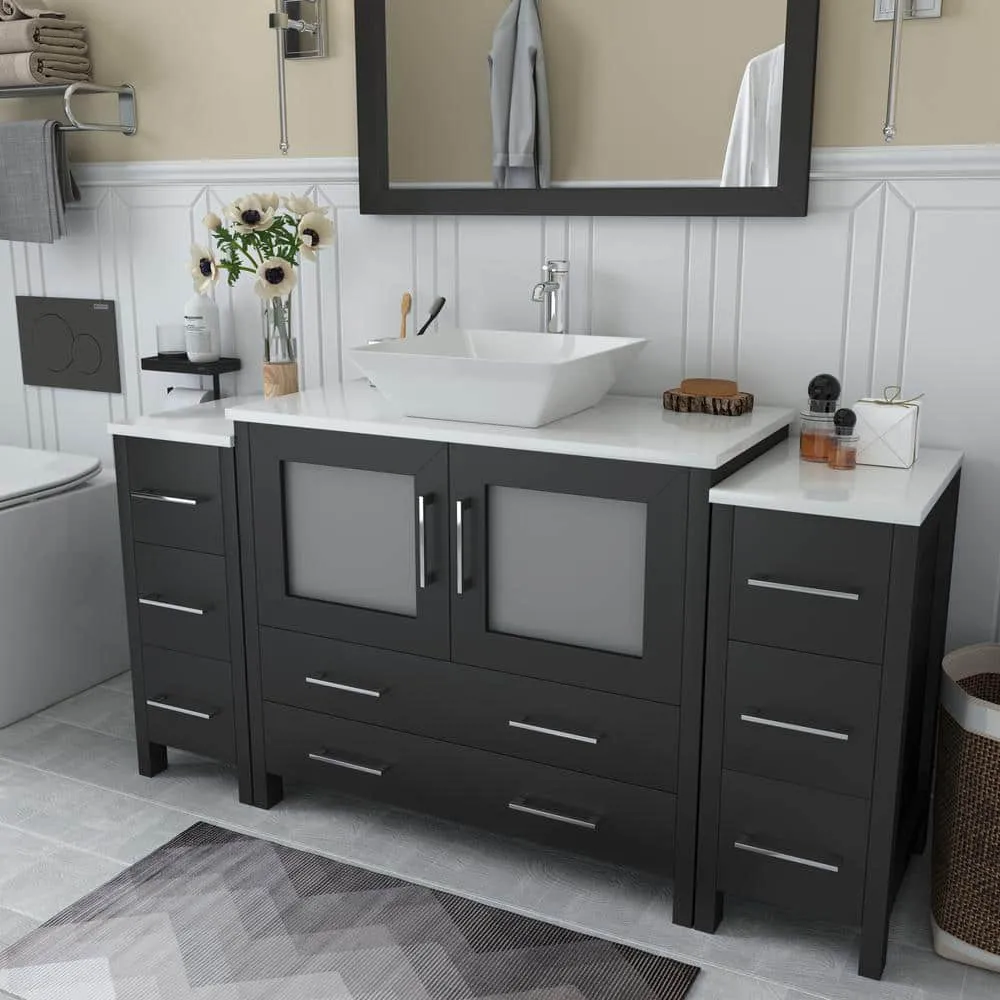 Vanity Art Ravenna 60 in. W Bathroom Vanity in Espresso with Single Basin in White Engineered Marble Top and Mirror, photo 4 of 9