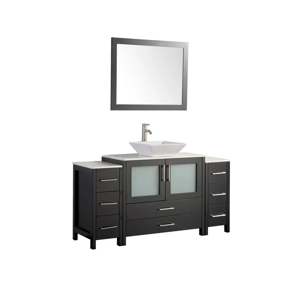 Vanity Art Ravenna 60 in. W Bathroom Vanity in Espresso with Single Basin in White Engineered Marble Top and Mirror, photo 5 of 9