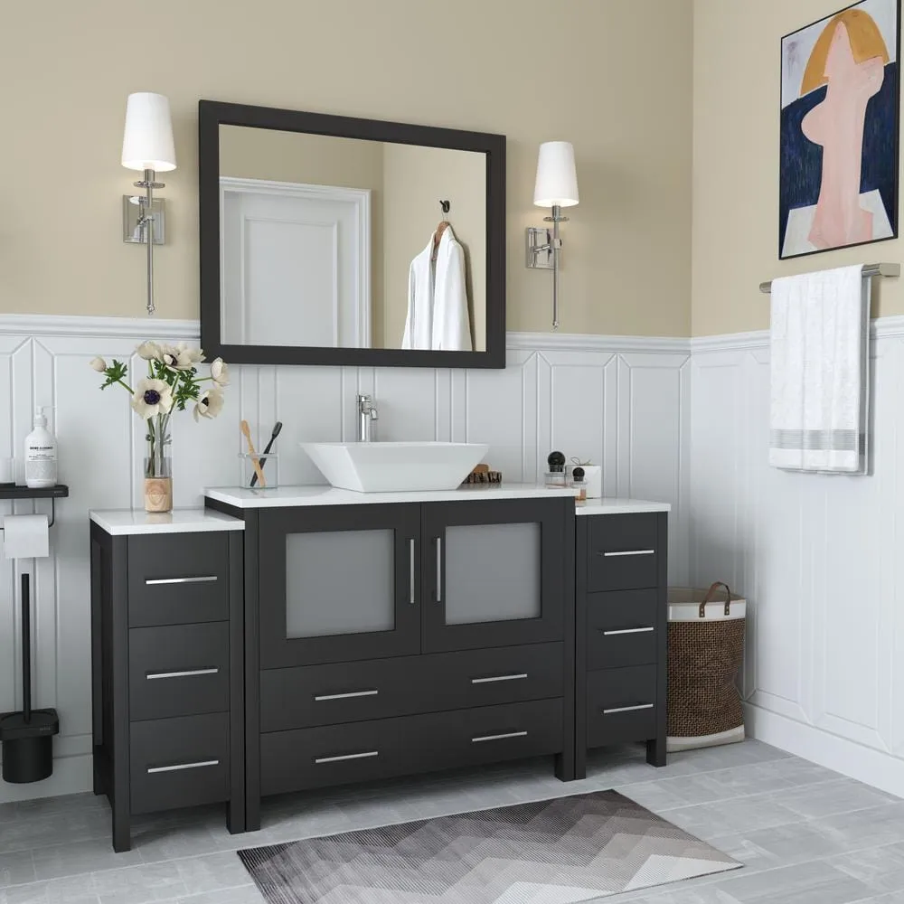 Vanity Art Ravenna 60 in. W Bathroom Vanity in Espresso with Single Basin in White Engineered Marble Top and Mirror, photo 3 of 9