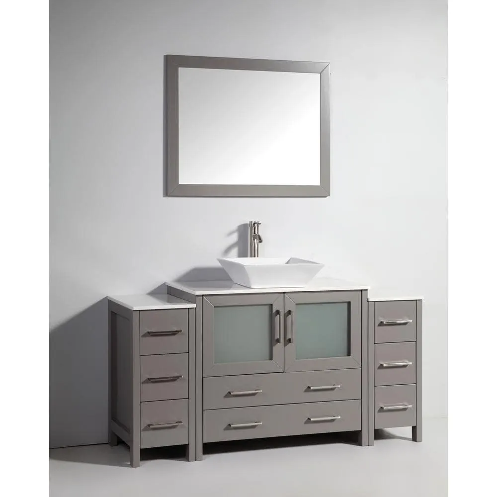 Vanity Art Ravenna 60 in. W Bathroom Vanity in Grey with Single Basin in White Engineered Marble Top and Mirror, photo 8 of 8