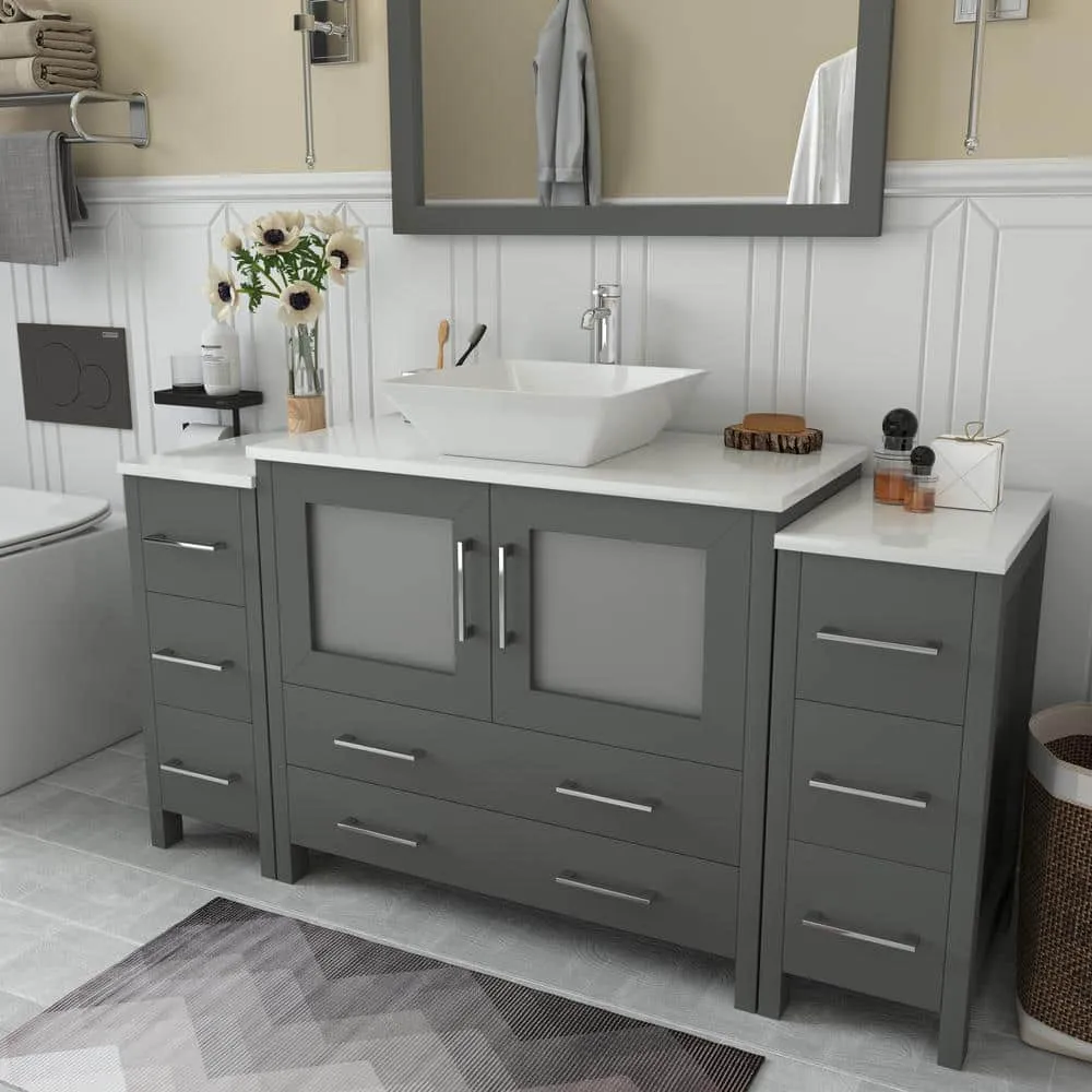 Vanity Art Ravenna 60 in. W Bathroom Vanity in Grey with Single Basin in White Engineered Marble Top and Mirror, photo 3 of 8