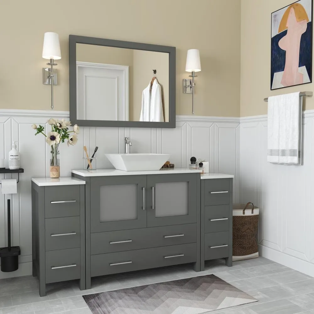 Vanity Art Ravenna 60 in. W Bathroom Vanity in Grey with Single Basin in White Engineered Marble Top and Mirror, photo 2 of 8