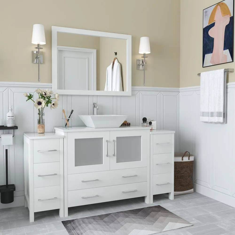 Vanity Art Ravenna 60 in. W Bathroom Vanity in White with Single Basin in White Engineered Marble Top and Mirror, photo 2 of 9