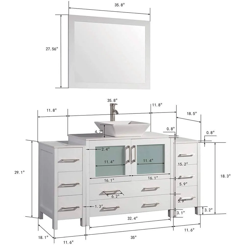 Vanity Art Ravenna 60 in. W Bathroom Vanity in White with Single Basin in White Engineered Marble Top and Mirror, photo 8 of 9