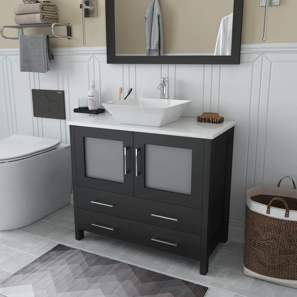 Vanity Art Ravenna 36 in. W Bathroom Vanity in Espresso with Single Basin in White Engineered Marble Top and Mirror, photo 3 of 6