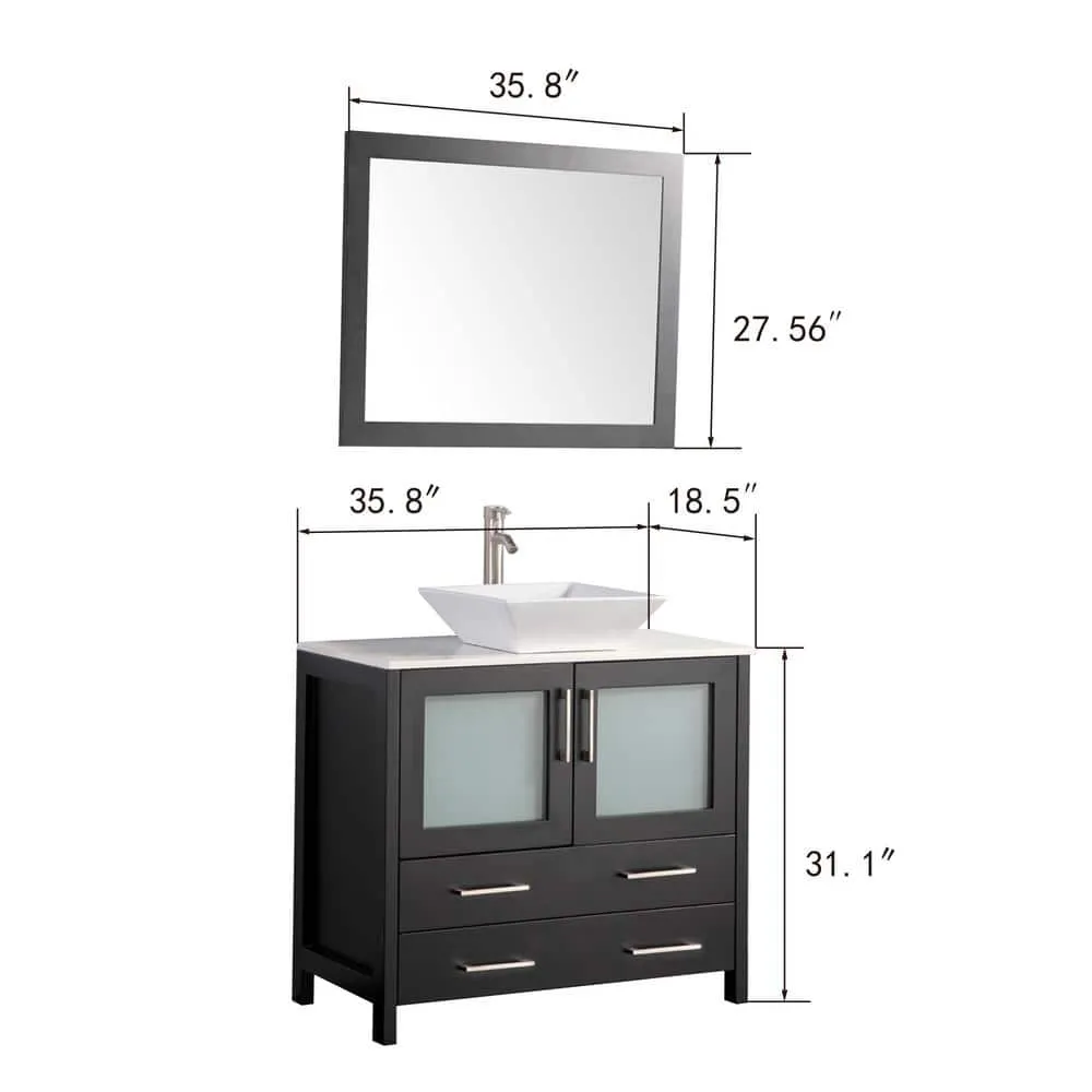 Vanity Art Ravenna 36 in. W Bathroom Vanity in Espresso with Single Basin in White Engineered Marble Top and Mirror, photo 4 of 6