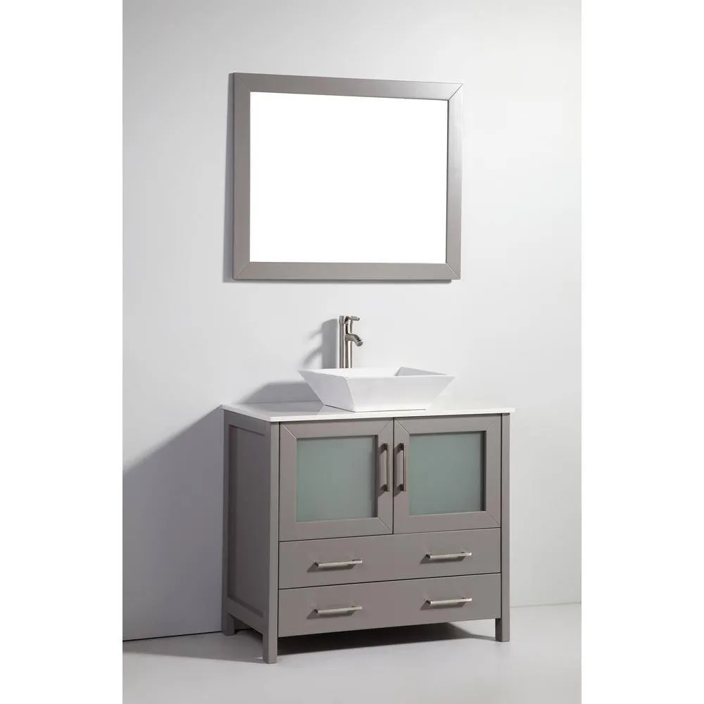 Vanity Art Ravenna 36 in. W Bathroom Vanity in Grey with Single Basin in White Engineered Marble Top and Mirror, photo 6 of 6