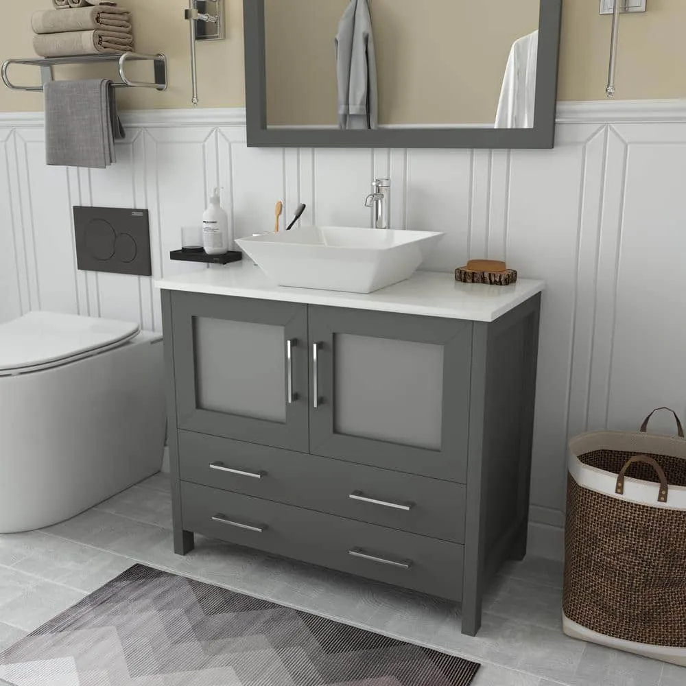 Vanity Art Ravenna 36 in. W Bathroom Vanity in Grey with Single Basin in White Engineered Marble Top and Mirror, photo 2 of 6