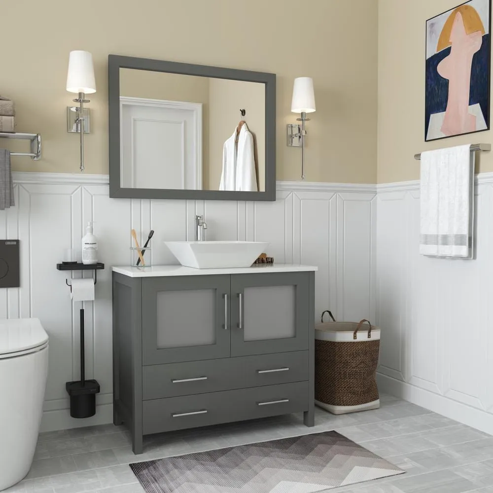 Vanity Art Ravenna 36 in. W Bathroom Vanity in Grey with Single Basin in White Engineered Marble Top and Mirror, photo 3 of 6