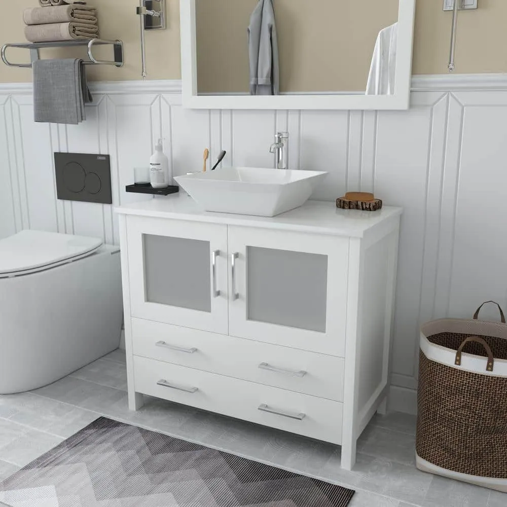 Vanity Art Ravenna 36 in. W Bathroom Vanity in White with Single Basin in White Engineered Marble Top and Mirror, photo 2 of 5