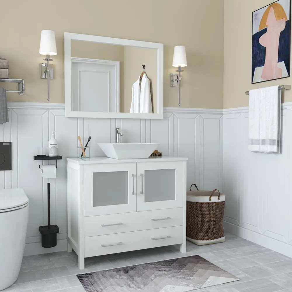 Vanity Art Ravenna 36 in. W Bathroom Vanity in White with Single Basin in White Engineered Marble Top and Mirror, photo 3 of 5