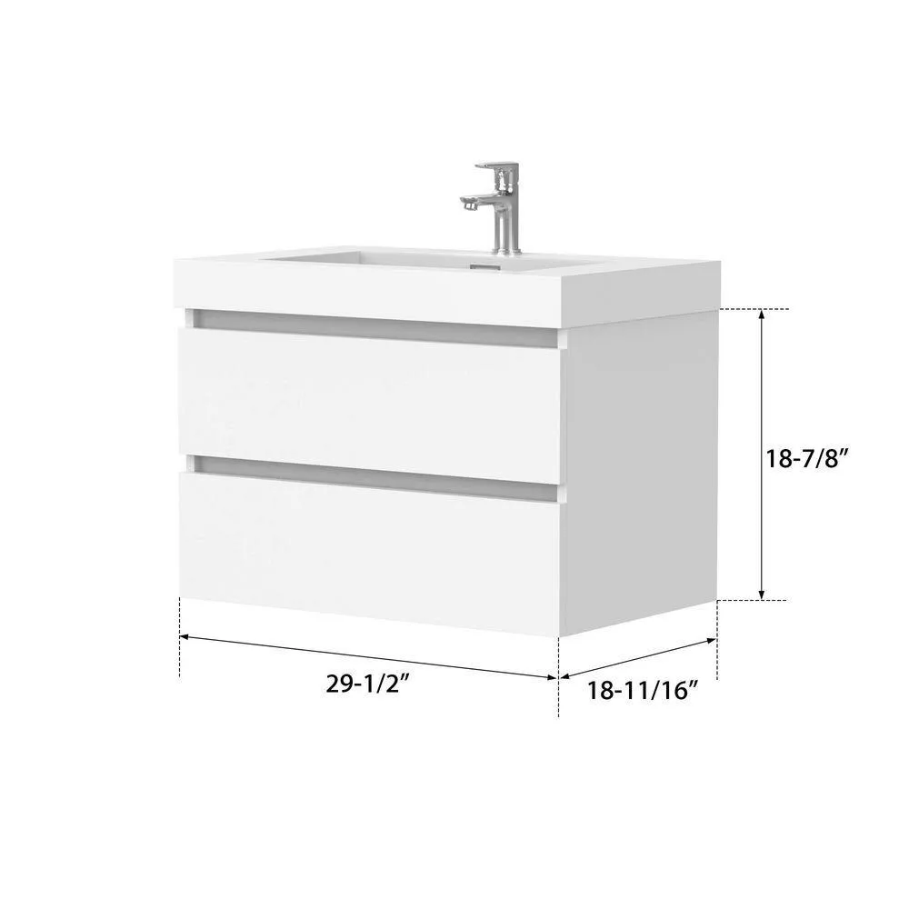 Vanity Art Annecy 30 in. W x 18.5 in. D x 20 in. H Bathroom Wall Hung Vanity in White with Single Basin Vanity Top in White Resin, photo 7 of 8