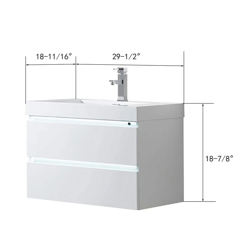 Vanity Art Annecy 30 in. W x 18.5 in. D x 20 in. H Bathroom Wall Hung LED Vanity in White w/ Single Basin Vanity Top in White Resin, photo 4 of 6