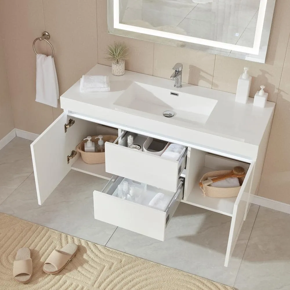 Vanity Art Annecy 48 in. W x 18.5 in. D x 20 in. H Bathroom Wall Hung LED Vanity in White w/ Single Basin Vanity Top in White Resin, photo 6 of 12
