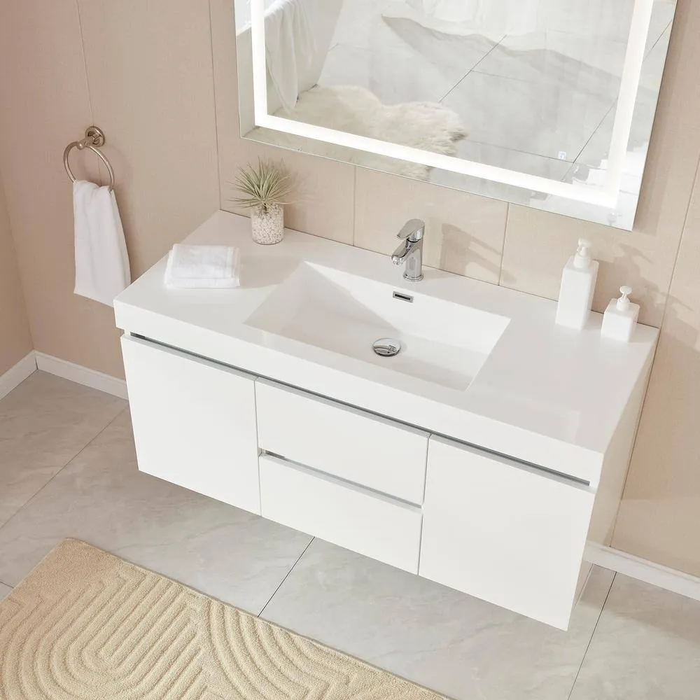Vanity Art Annecy 48 in. W x 18.5 in. D x 20 in. H Bathroom Wall Hung LED Vanity in White w/ Single Basin Vanity Top in White Resin, photo 4 of 12