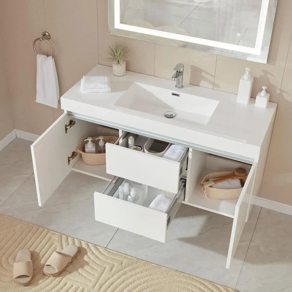 Vanity Art Annecy 48 in. W x 18.5 in. D x 20 in. H Bathroom Wall Hung LED Vanity in White w/ Single Basin Vanity Top in White Resin, photo 7 of 12