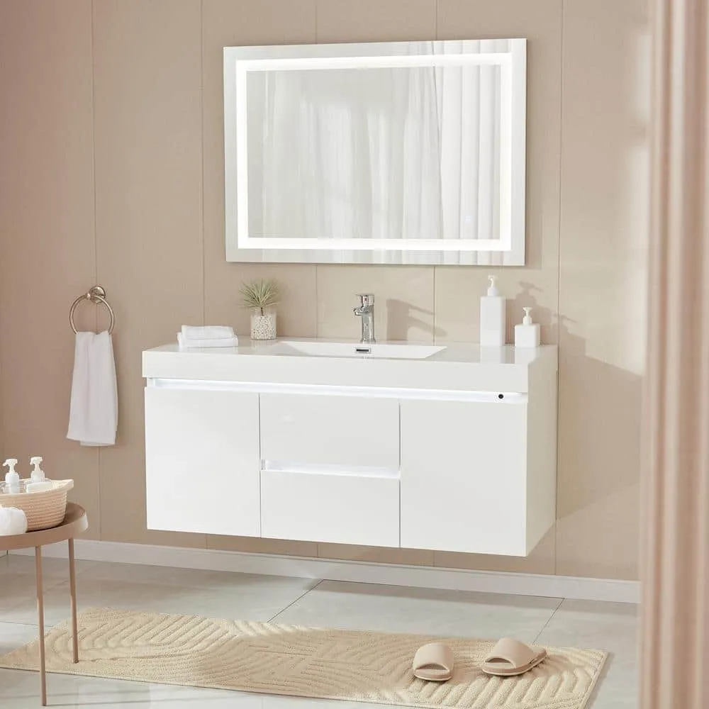 Vanity Art Annecy 48 in. W x 18.5 in. D x 20 in. H Bathroom Wall Hung LED Vanity in White w/ Single Basin Vanity Top in White Resin, photo 2 of 12