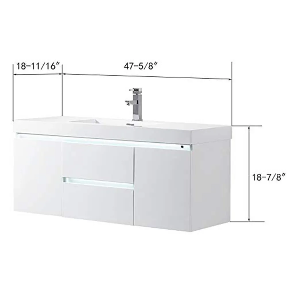Vanity Art Annecy 48 in. W x 18.5 in. D x 20 in. H Bathroom Wall Hung LED Vanity in White w/ Single Basin Vanity Top in White Resin, photo 11 of 12