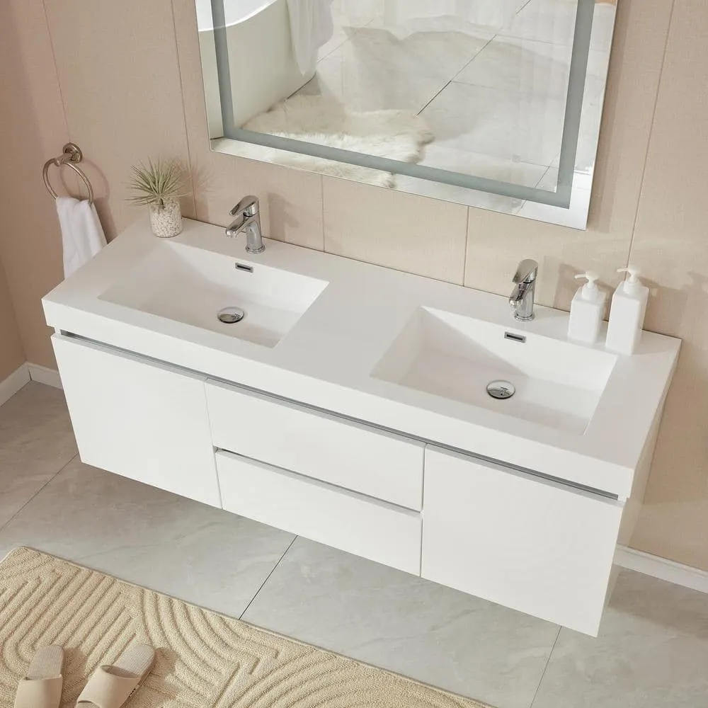 Vanity Art Annecy 60 in. W x 18.5 in. D x 20 in. H Bathroom Wall Hung Vanity in White with Double Basin Top in White Resin, photo 3 of 10