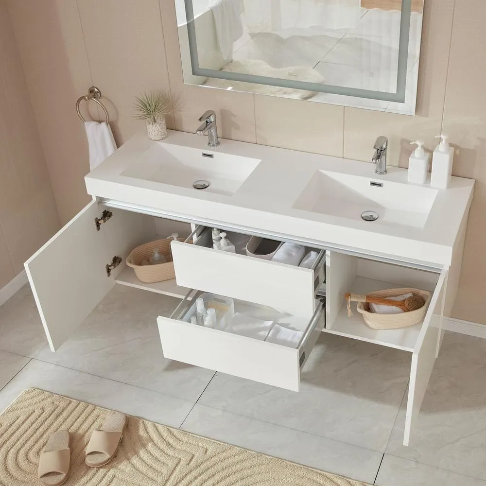 Vanity Art Annecy 60 in. W x 18.5 in. D x 20 in. H Bathroom Wall Hung Vanity in White with Double Basin Top in White Resin, photo 4 of 10