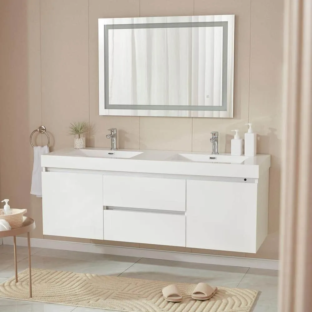 Vanity Art Annecy 60 in. W x 18.5 in. D x 20 in. H Bathroom Wall Hung Vanity in White with Double Basin Top in White Resin, photo 2 of 10