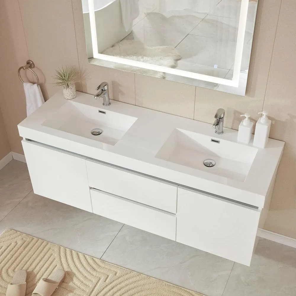 Vanity Art Annecy 60 in. W x 18.5 in. D x 20 in. H Bathroom Wall Hung LED Vanity in White w/ Double Basin Vanity Top in White Resin, photo 5 of 13